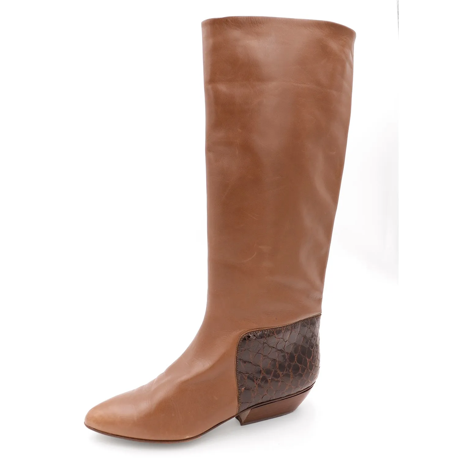 1980s Walter Steiger Vintage Tall Brown Leather Boots w Alligator Embossed Trim