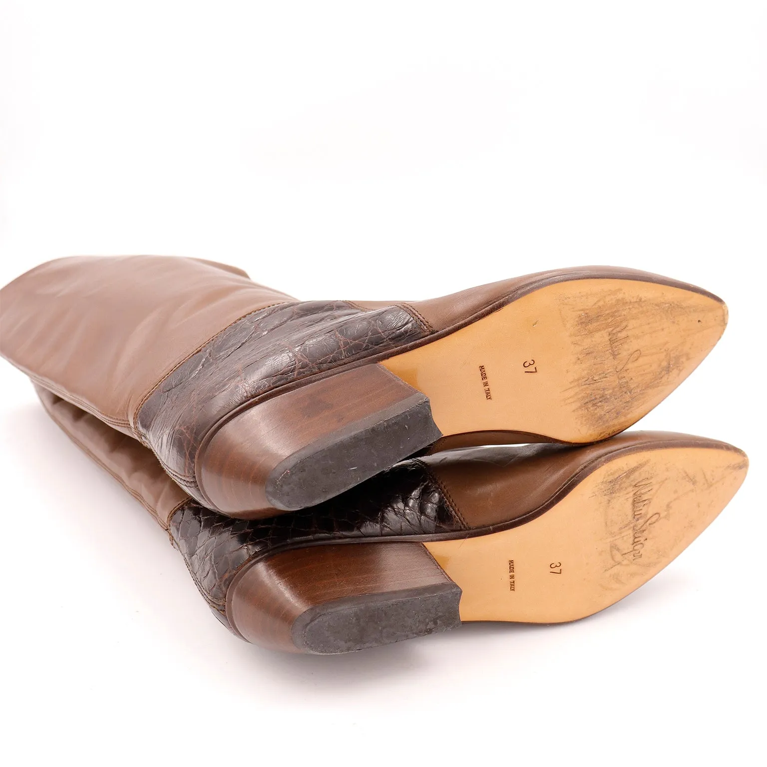 1980s Walter Steiger Vintage Tall Brown Leather Boots w Alligator Embossed Trim