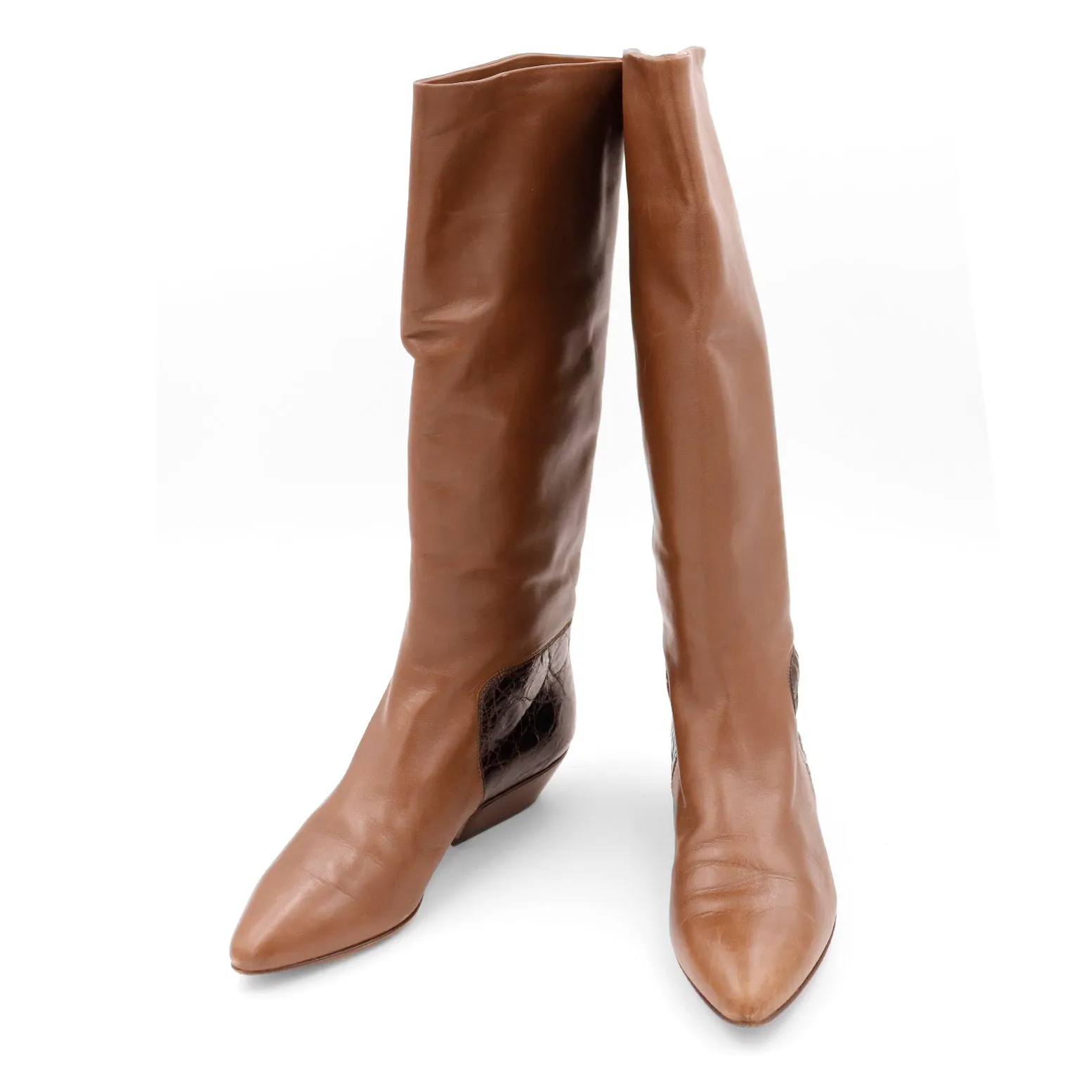 1980s Walter Steiger Vintage Tall Brown Leather Boots w Alligator Embossed Trim