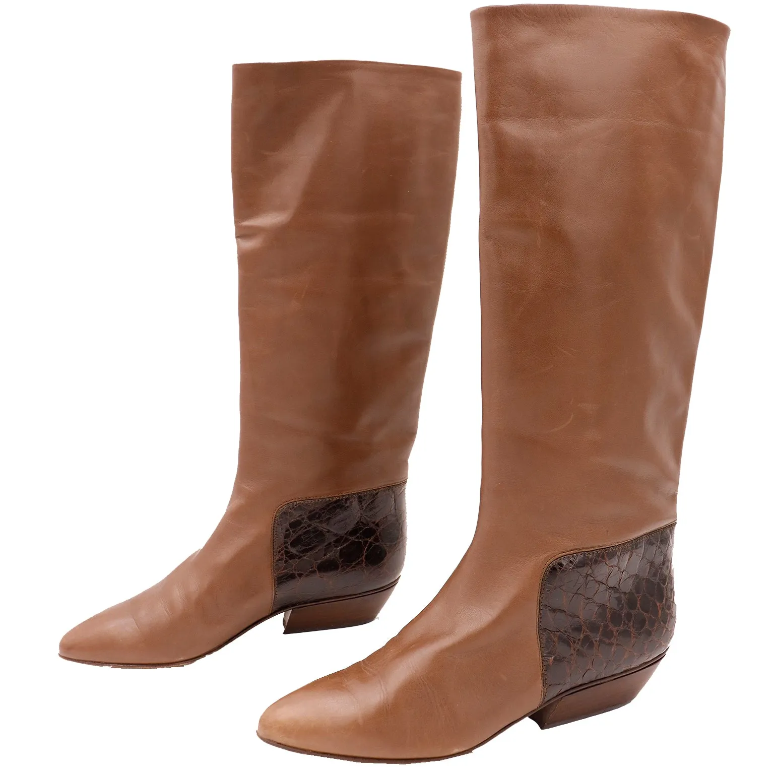 1980s Walter Steiger Vintage Tall Brown Leather Boots w Alligator Embossed Trim