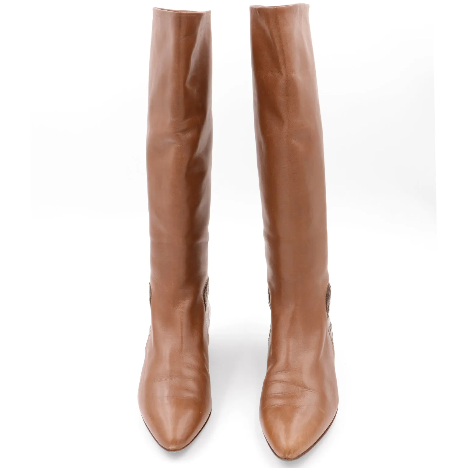 1980s Walter Steiger Vintage Tall Brown Leather Boots w Alligator Embossed Trim