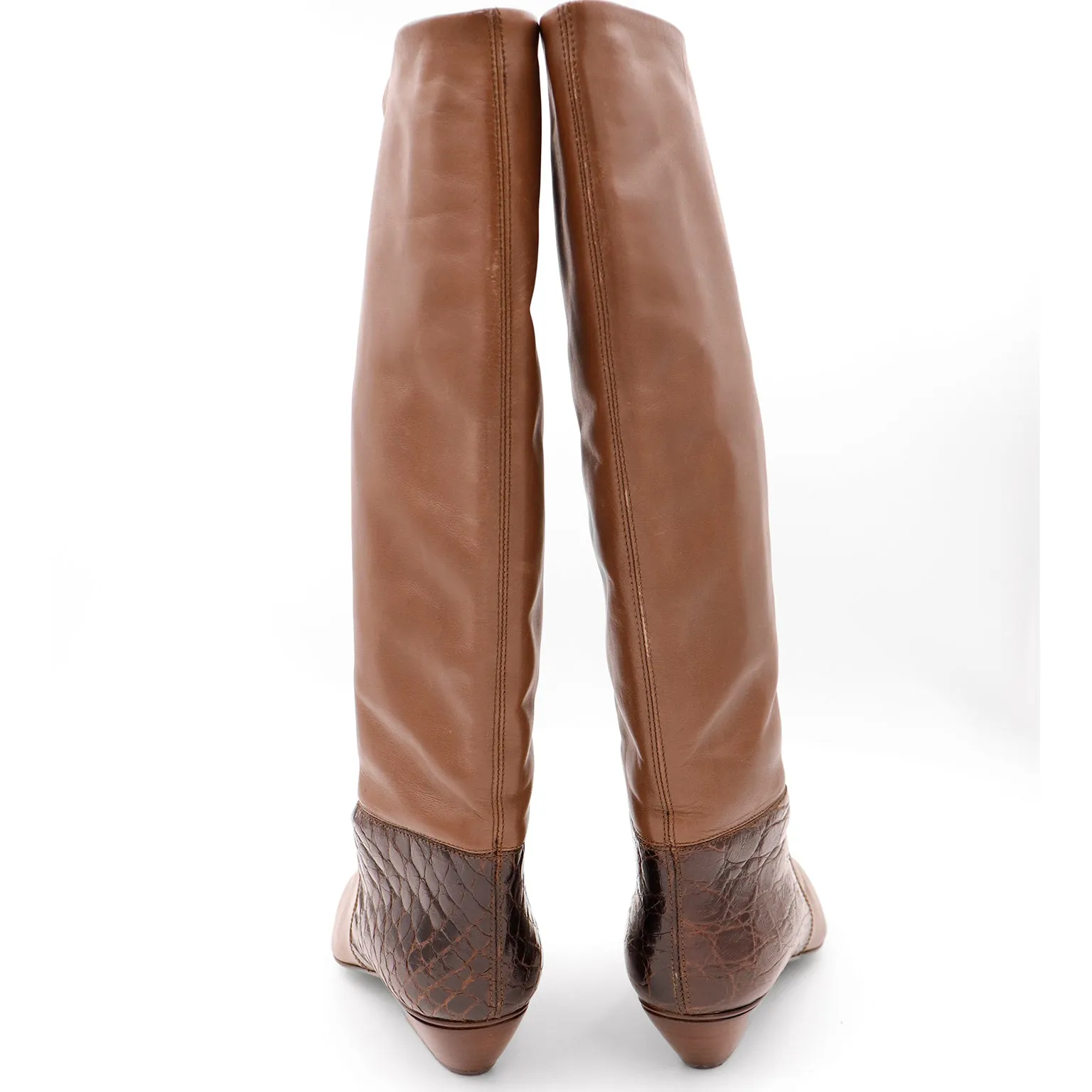 1980s Walter Steiger Vintage Tall Brown Leather Boots w Alligator Embossed Trim