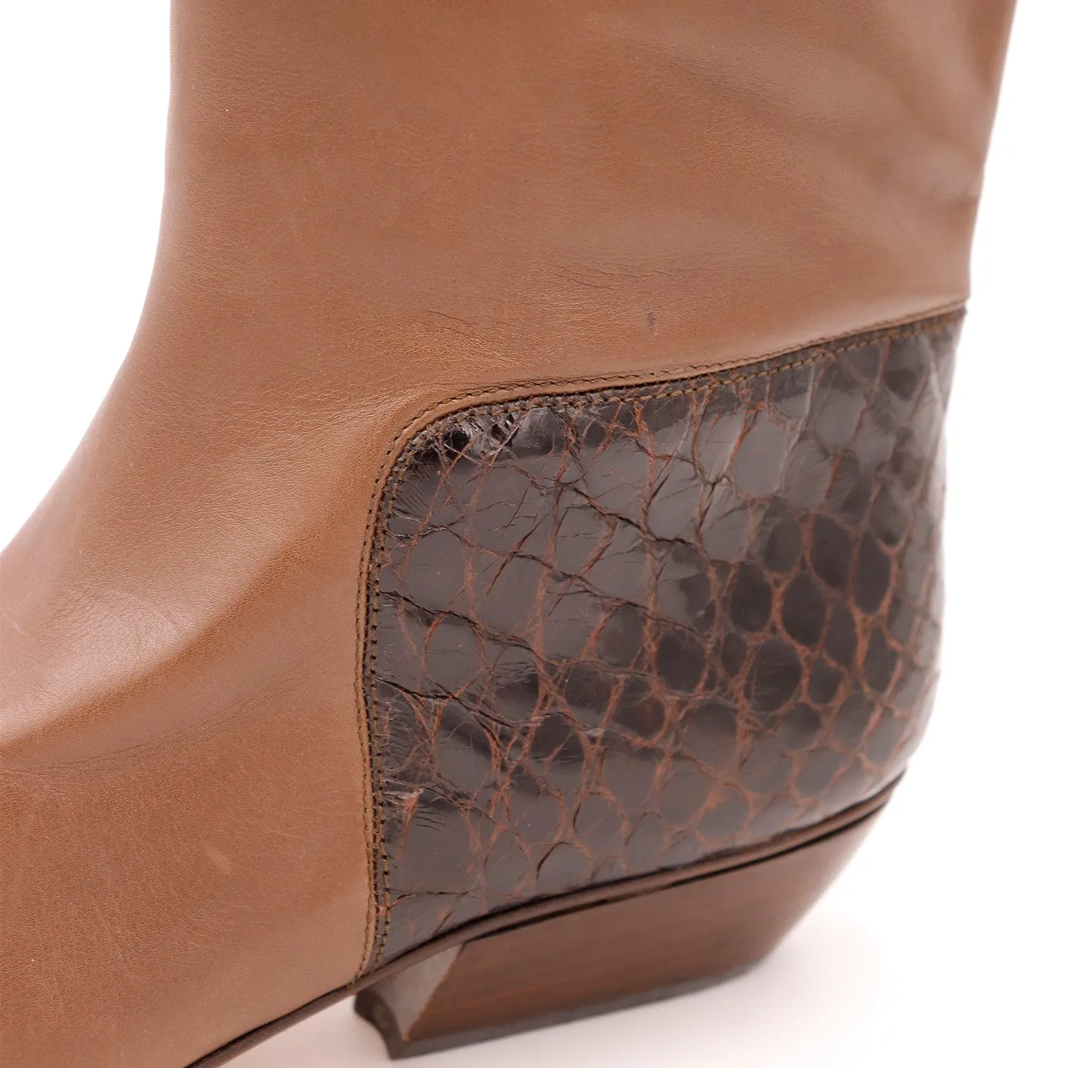 1980s Walter Steiger Vintage Tall Brown Leather Boots w Alligator Embossed Trim
