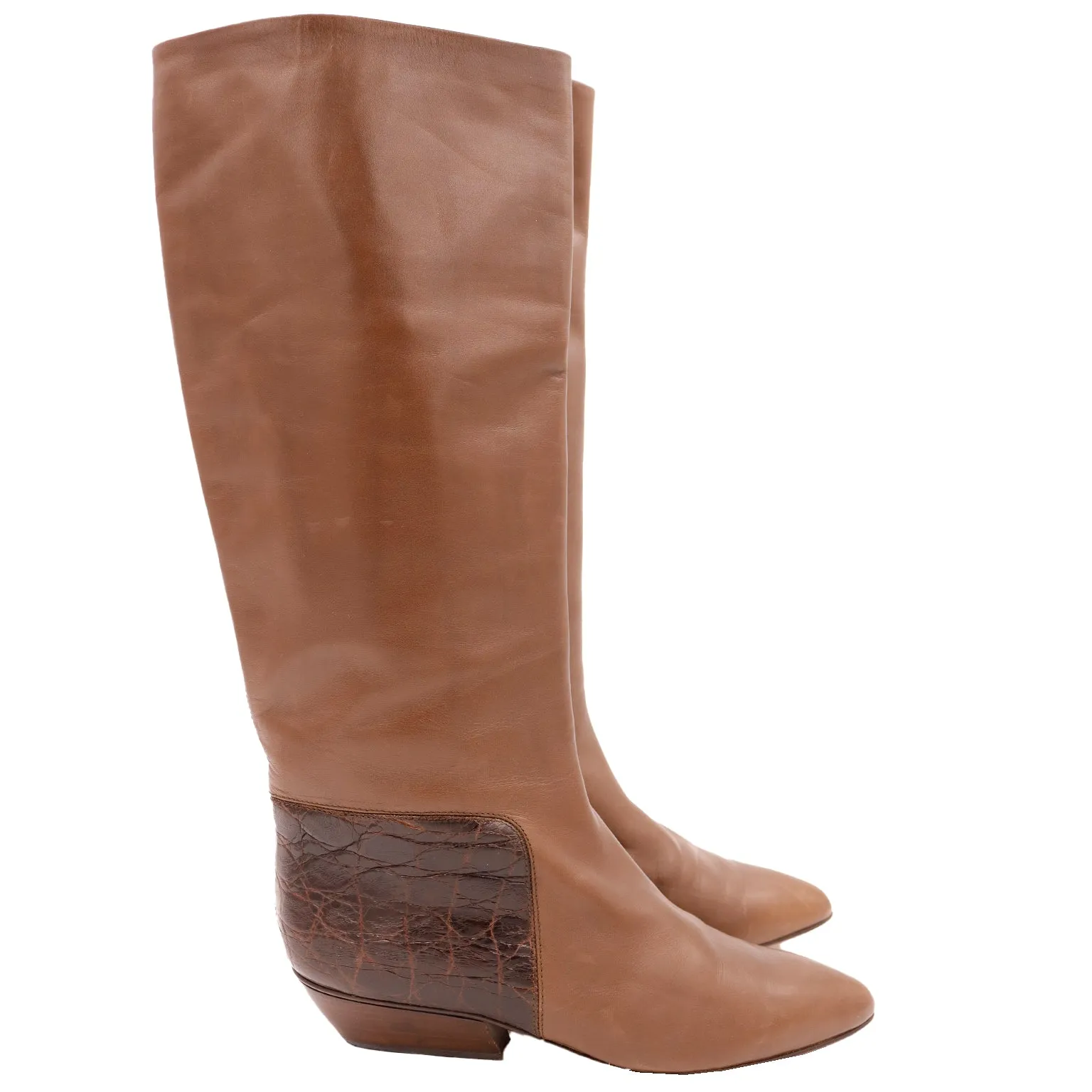 1980s Walter Steiger Vintage Tall Brown Leather Boots w Alligator Embossed Trim