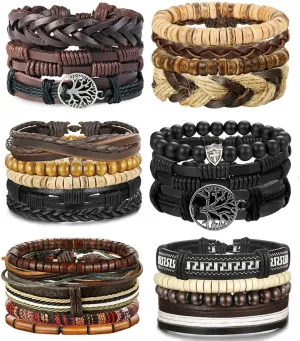 LOLIAS 24 PCS Leather Bracelet for Men Cool Wrist Cuff Bracelets, Adjustable Beaded, Handmade Vintage Style, Chunky Fashionable Design, Stackable & Comfortable, Casual Everyday Wear
