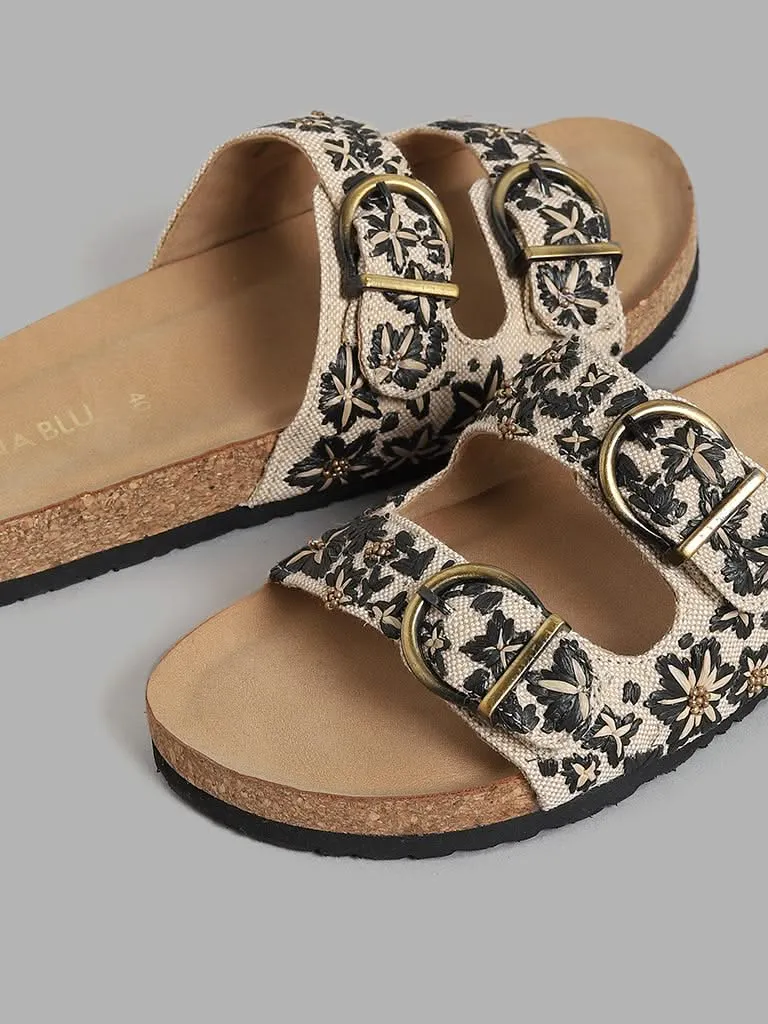 LUNA BLU Black Comfort Sandals with Embroidery and Buckle Strap