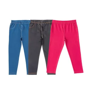 "Girls' Cotton Leggings - Pack of 3 (Blue, Black, Dark Fushia) - Soft & Stretchable Everyday Wear"